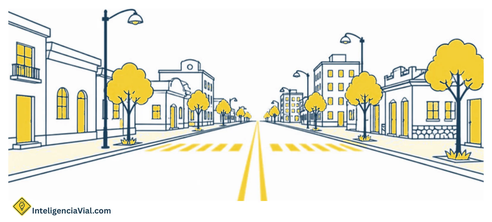 Ilustración de una avenida urbana con cruce peatonal